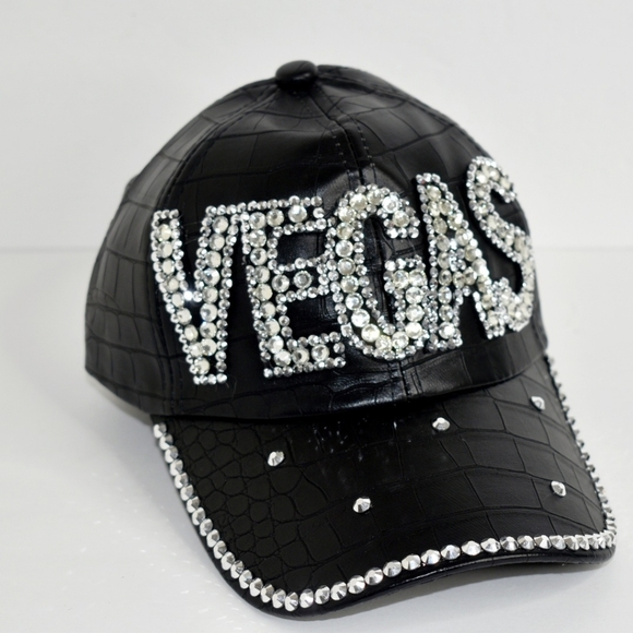 Women's Leather Baseball Cap with Vegas in Rhinestones - Picture 1 of 6
